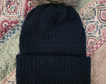 Navy Blue Knit Beanie| Handmade knit beanie, faux fur, fits toddlers to adults, super soft winter hat, stocking cap, cold weather apparel