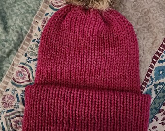 Dark Pink Knit Beanie| Handmade knit beanie, faux fur, fits toddlers to adults, super soft winter hat, stocking cap, cold weather apparel