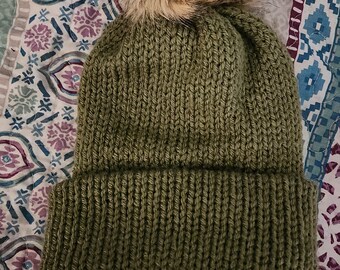 Army Green Knit Beanie| Handmade knit beanie, faux fur, fits toddlers to adults, super soft winter hat, stocking cap, cold weather apparel