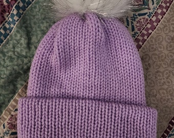 Purple Knit Beanie| Handmade knit beanie, faux fur, fits toddlers to adults, super soft winter hat, stocking cap, cold weather apparel