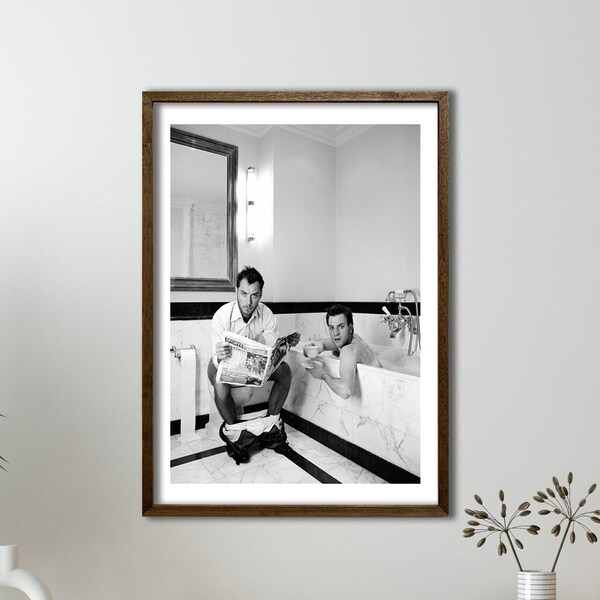 Men Reading Newspaper & Drinking Coffee In Bathtub Print, Black and White, Funny Bathroom Wall Art, Vintage Print, Boys Bathroom Decor