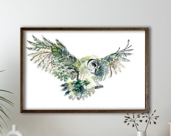 Flying Owl, Trees Leaves, Forest Double Exposure Nature Animal Bird Illusion, Wrapped Canvas, Print Wall Art, Office Decor Home Decor