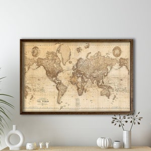 Framed Antique Beautiful World Map Vintage Atlas 1898 Mercator projection SEPIA,Vintage Poster Wall Art Print,Vintage World Map