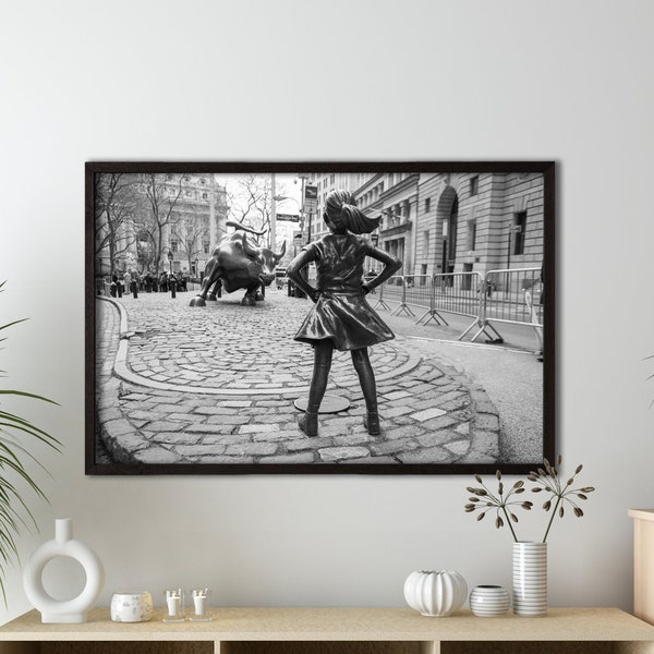 Framed Fearless Girl Vs Charging Bull New York Canvas Print,Canvas Wall Art Home, Motivation Words Money Art Fine Art Photography Wall Decor