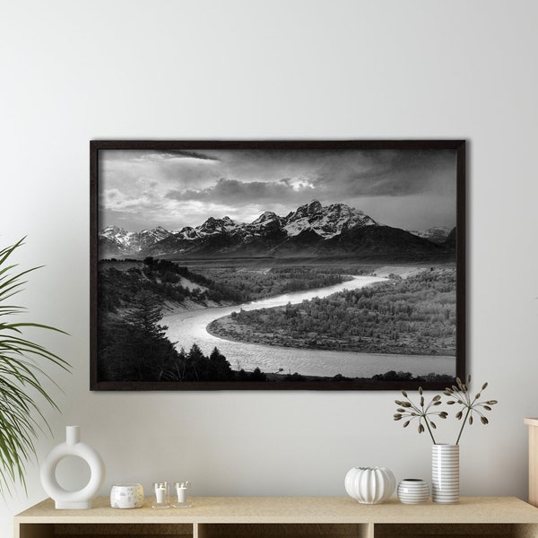 The Tetons - Snake River - Grand Teton National Park - Wyoming Black and White Photography Canvas Art Print