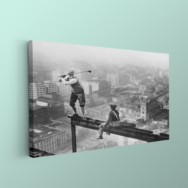 Golf on Skyscraper Beam,Black and White Art, Golf Wall Art, Funny Wall Art, Old Golf Photo, Vintage Wall Art,