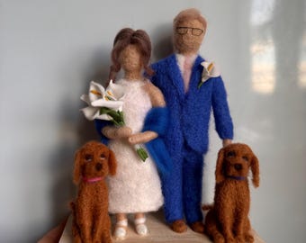 Personalized  Wedding Figurine with Dog -  Custom Just Married Wool Figure -  Unique Wedding or Anniversary Gift