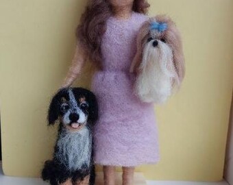 Personalized Family Portrait Statue with Dog - Custom Wool Figure - Felted Pet Memorial - Unique Birthday Gifts for Friends