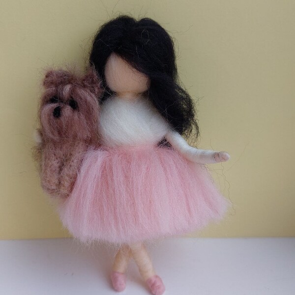 felted fairy waldorf fairy designer doll wool doll little fairy with a dog doll miniatyre personalized dog soft fairy ornament wool angels