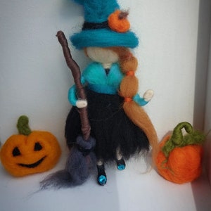 Witch Figurine with Broom - Spooky Halloween Decor - Needle Felted Witch Figurine  - Fall Table Decor