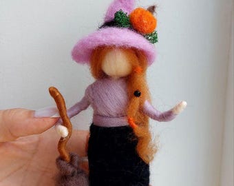 Ginger Witch with Broom and Pumpkin - Needle Felted Autumn Witch with Pumpkin  - Halloween Table Decor