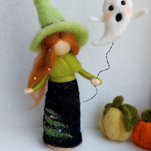 Halloween Witch with Flying Ghost - Spooky Needle Felted Witch Figurine  - Halloween Horror Home Decor