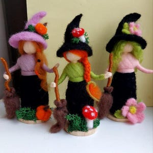 Whimsical Witch Figurine with Broom - Needle Felting Witch Figurine - Spooky Halloween Decor - Fall Table Decor