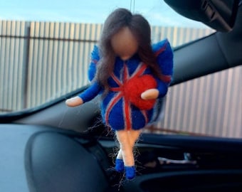 Handmade British Flag Car Hanging Decor - Wool Angel Figure in UK Flag Colors - British Angel Decor