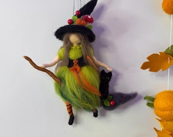 Flying Witch with Black Cat Needle Felted Wall Hanging - Spooky Halloween Decor