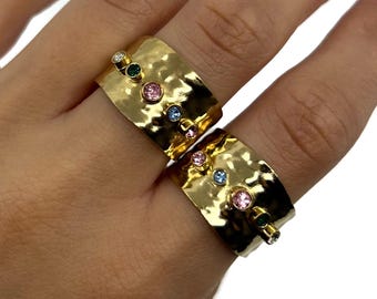 Chunky Gold Plated Stainless Steel Ring, Colorful Gemstone Adjustable Ring