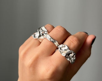 Chunky Unique Irregular Minimalist Molten Liquid Melted Design Rings. Adjustable Couple Ring. Jewelry For Her & Him