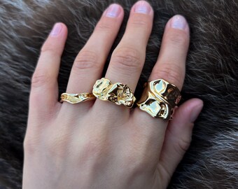 Gold Chunky Sculptural Statement Ring, Silver Organic Modern Jewelry, Minimalist Handmade Adjustable Ring