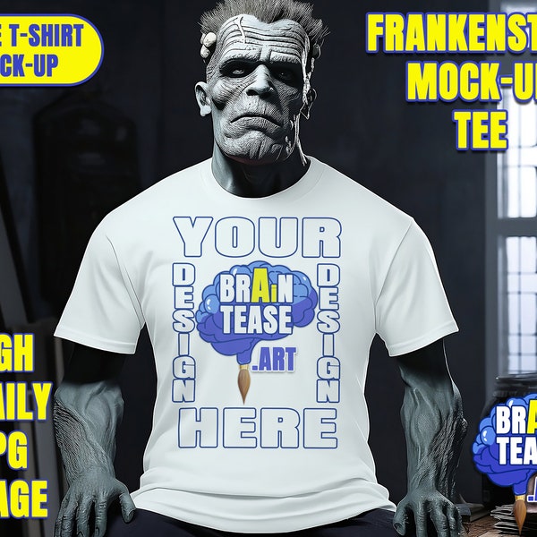 Monster Frankenstein Halloween White T-Shirt Mock-Up frankenstein monster Design crew neck style white tshirt Bonus Inside