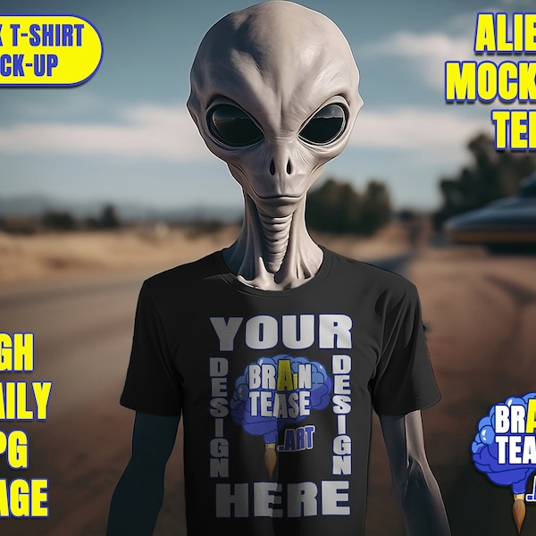 Alien Cosmic Black T-Shirt Mock-Up Alien Wearing Black Tshirt Mockup black Color Tee Space Alien T Shirt Mock Up