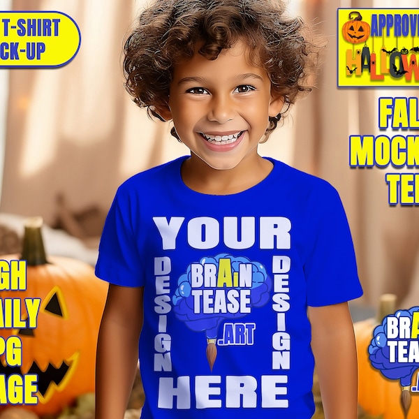 Blue Halloween T-shirt Mockup Young Child Tshirt Mock Up Fall tshirt Boy Mock-up blue Color Halloween Kids Clothing Tee Pumpkins