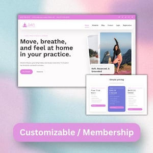 Puede incluir: Diseño web para un estudio de yoga, con un diseño limpio y una combinación de colores rosa y blanco. El texto de la página de inicio dice: "Muévete, respira y siéntete como en casa en tu práctica". Las secciones adicionales incluyen precios y opciones de membresía.