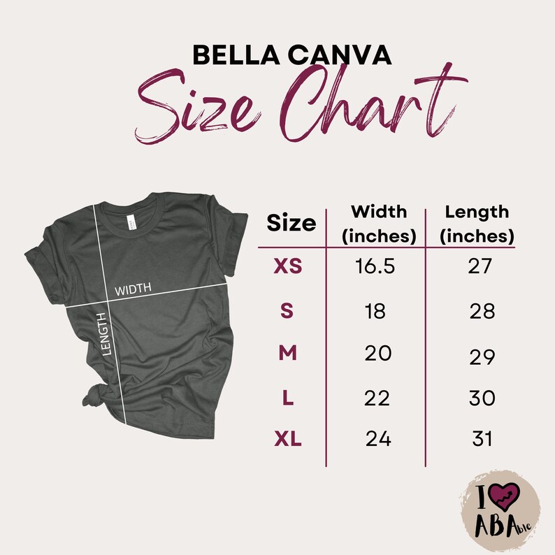 Puede incluir: Tabla de tallas Bella Canvas con una camiseta gris y medidas en pulgadas. La tabla incluye tallas XS a XL, con anchos correspondientes de 41,9 a 61 cm y largos de 68,6 a 78,7 cm. El texto "Size Chart" est&aacute; en cursiva.