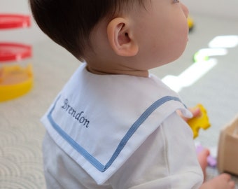 Handmade Personalised Sailor baby bib : embroidery name