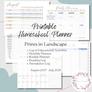 Printable Homeschool Planner (August 2025 - July 2026), Planner Pages, Calendar, Weekly Planner, Log of Educational Activities, Reading Log,
