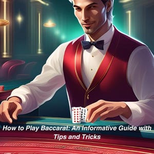 Puede incluir: Un hombre con camisa blanca y chaleco rojo está sentado en una mesa de baccarat. Tiene una pila de fichas en la mano. La mesa está cubierta de fieltro verde y tiene un borde rojo. El texto "How to Play Baccarat: An Informative Guide with Tips and Tricks" se muestra en la parte inferior de la imagen.
