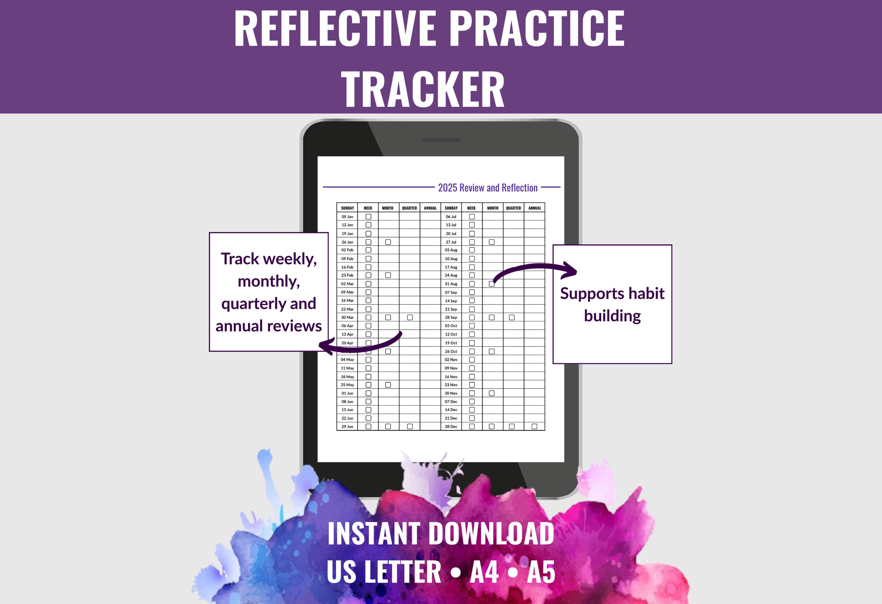 Reflective Practice Checklist, Self-Reflection and Journal Tracking Tool, Weekly and Monthly Reflection Log for Personal Growth