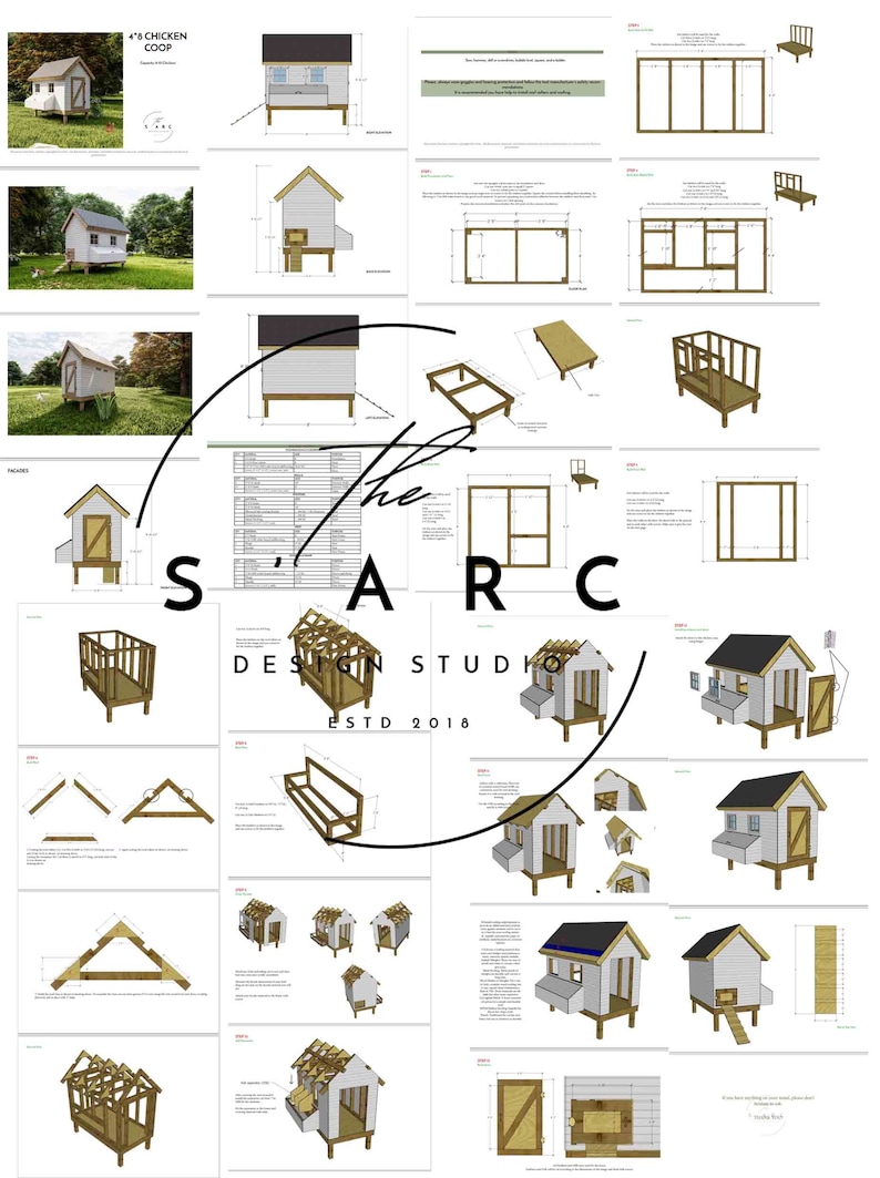 May include: A set of 16 printable plans for building a 4' x 4' chicken coop. The plans include detailed diagrams and instructions for constructing the coop, including the roof, nesting boxes, and roosting bars. The plans are designed for a beginner woodworker and include a materials list and cut list.