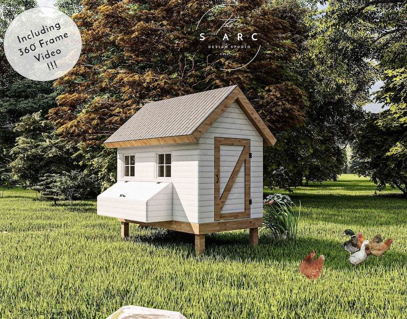 May include: A white chicken coop with a gray roof, a wooden door, and two nesting boxes. The coop is on a grassy lawn with chickens and ducks walking around. The text "SARC DESIGN STUDIO" is visible on the coop.
