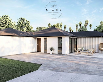 Modern Family House Plan, 168 sqm, One Story, Open Concept House Plan, 3 Bedroom, Living-Dining, 2 Bath, Porch, Double Garage, Floor Plans