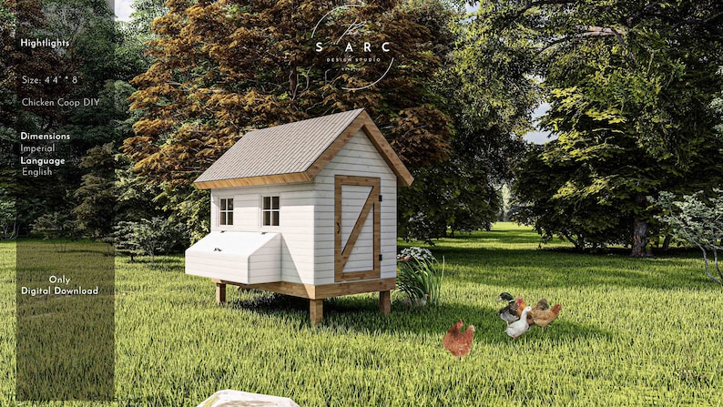 May include: A white chicken coop with a gray roof, a wooden door, and two windows. The coop is on a grassy lawn with three chickens in front of it. The text "SARC Design Studio" is visible in the upper right corner of the image.