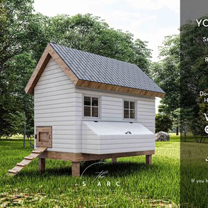 May include: A white chicken coop with a gabled roof and a wooden ramp. The coop is surrounded by green grass and trees. The text "YOU WILL GET" is displayed on the right side of the image, along with a list of digital downloads included with the purchase.
