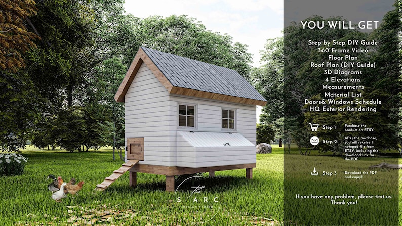 May include: A white chicken coop with a gabled roof and a wooden ramp. The coop is surrounded by green grass and trees. The text "YOU WILL GET" is displayed on the right side of the image, along with a list of digital downloads included with the purchase.