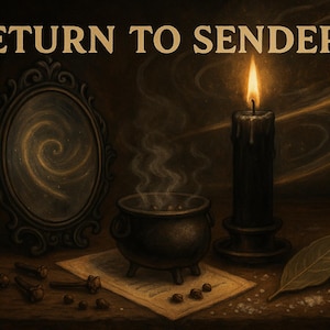 Puede incluir: Ilustración con el texto "RETURN TO SENDER" sobre una vela, un caldero y un espejo. La llama de la vela brilla intensamente y el caldero emite vapor. También hay clavos y una hoja.