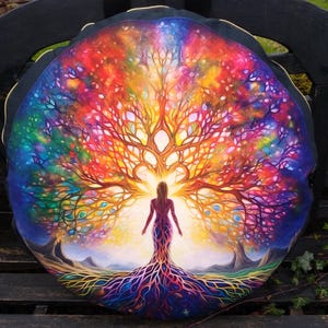 Op de afbeelding: Rond decoratief kussen met een levendig levensboomontwerp. Het kunstwerk toont een vrouw in de boom, met wortels die zich naar beneden uitstrekken. Het kussen heeft een zwarte rand en een gouden ritssluiting. Diameter: ongeveer 40 cm.