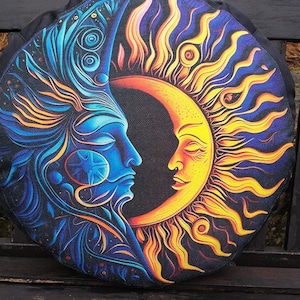 Sun and Moon drum bag for 16&quot;/41cm  frame, shamanic or bodhran drums or steel tongue drums. Bag diameter 53cm. Padded, waterproof base.