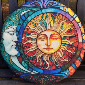 Sun and Moon drum bag for 14&quot;/36cm frame, shamanic drums, steel tongue or hand pan drums. Bag diameter 44cm. Padded with waterproof base.