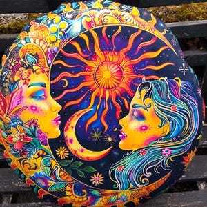 Sun and Moon drum bag for 14&quot;/36cm frame, shamanic drums, steel tongue or hand pan drums. Bag diameter 46cm. Padded with waterproof base.