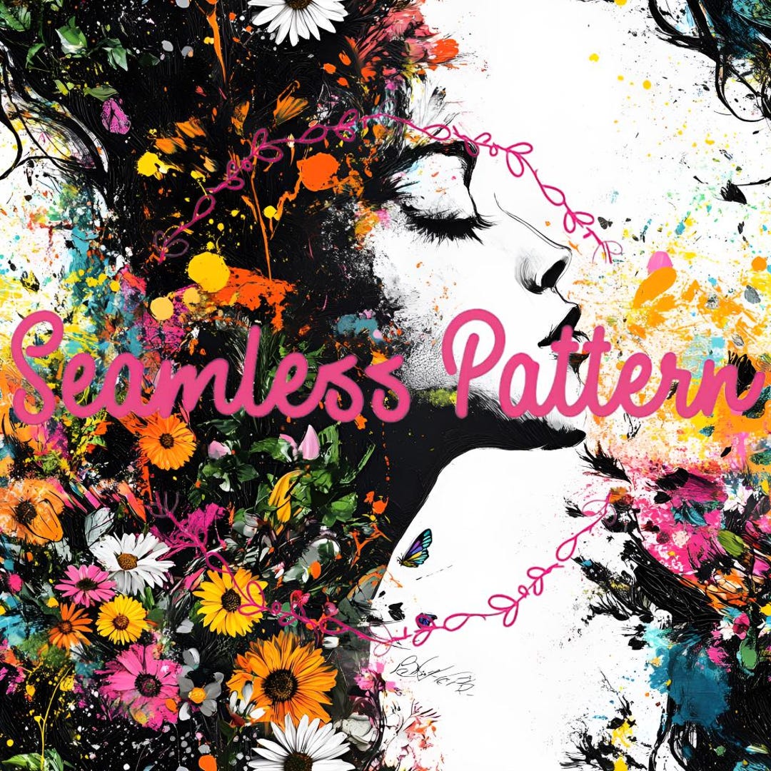 Abstract Woman Profile Pattern Monochrome & Colorful Floral Explosion ...