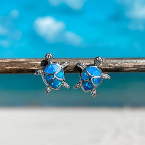 Dainty Opal Sea Turtle Stud Earrings - Handmade, Ocean Inspired, Beach Jewelry, Sea Life Accessory