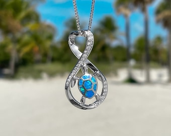 Infinity Opal Sea Turtle Necklace - Handmade, Ocean Inspired, Beach Jewelry, Sea Life Accessory