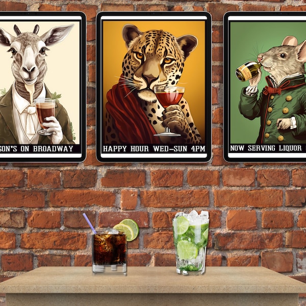 Bar Prints Animals Cocktails Wall Art Printable, Bar Cocktails Animals Wall Art Digital Download, Printable Wall Art Bar Posters set of 3