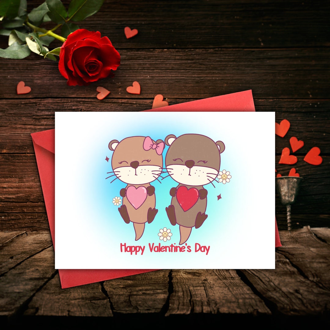 Buy Printable Otter Valentine Card Digital Download Valentine's Day