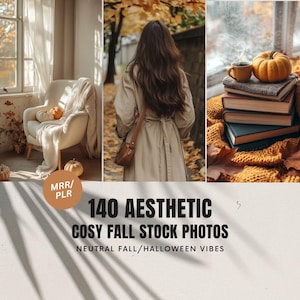 May include: Aesthetic fall-themed stock photos. The image features a cozy interior with a chair, pumpkins, and a blanket. Another image shows a person in a trench coat walking outdoors. The third image shows books, a mug, and a pumpkin. Text reads: "140 Aesthetic Cosy Fall Stock Photos."