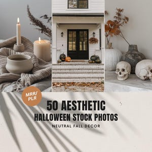 May include: A white house with a black door and a porch decorated with pumpkins and skulls for Halloween. The porch is made of white brick and has a few steps leading up to the door. There are also some fall leaves on the ground.