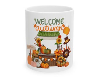 Autumn Welcome Ceramic Mug, Fall Coffee Cup, Harvest Tea Mug, Pumpkin Spice Latte Mug, Thanksgiving Gift, Seasonal Drinkware